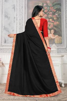 Women'S Black Plain Lace Work Silk Blend Saree 4