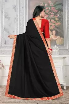 Women'S Black Plain Lace Work Silk Blend Saree