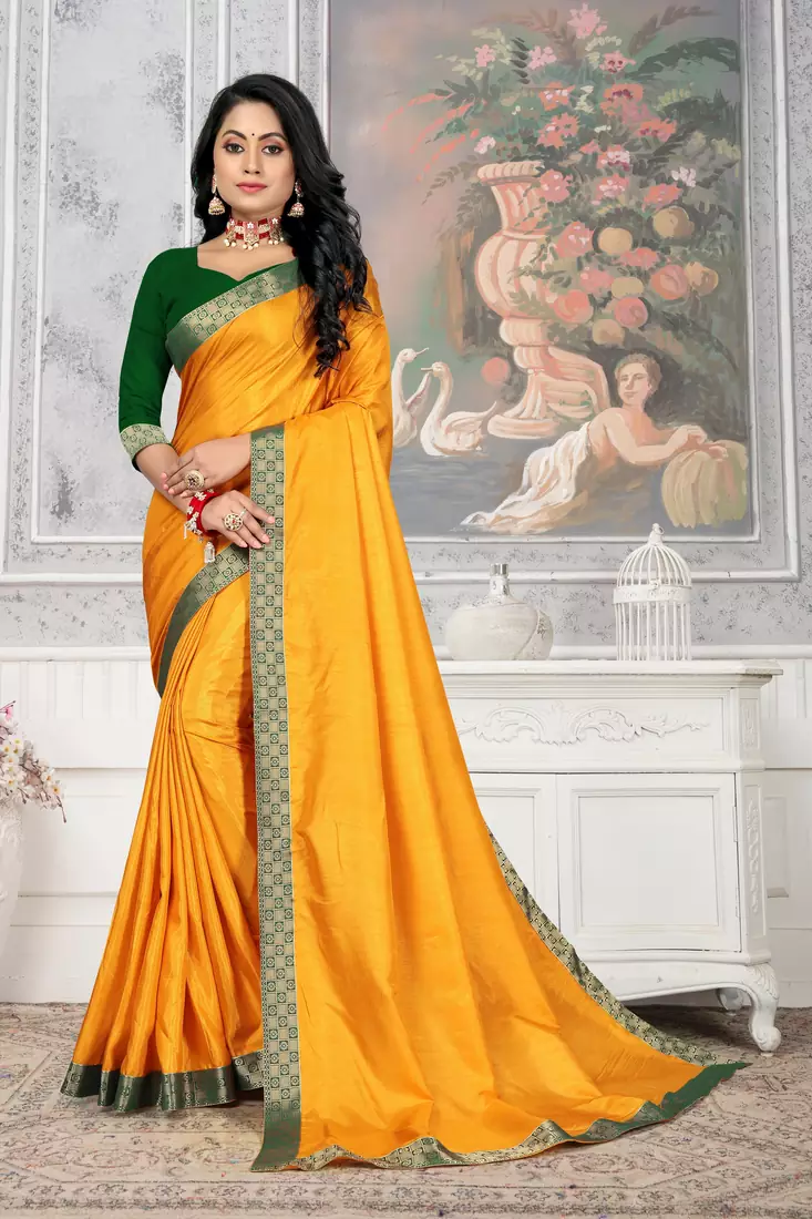 Women's Mustard Plain Lace Work Silk Saree