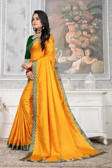 Mustard Plain Lace Work Soft Silk Blend Saree.