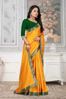 Mustard Plain Lace Work Soft Silk Blend Saree.