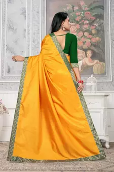 Mustard Plain Lace Work Soft Silk Blend Saree.