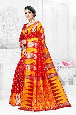 Women'S Red Pure Cotton Dhakai Jamdani Saree 2