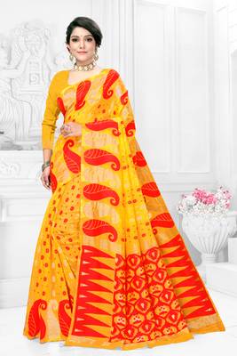 Women'S Yellow Pure Cotton Dhakai Jamdani Saree 1