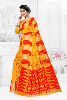 Women'S Yellow Pure Cotton Dhakai Jamdani Saree 2