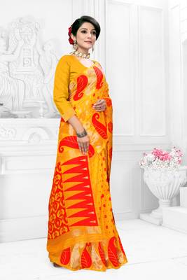 Women'S Yellow Pure Cotton Dhakai Jamdani Saree 3