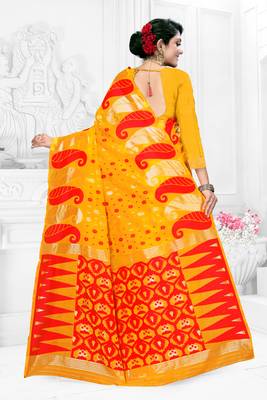 Women'S Yellow Pure Cotton Dhakai Jamdani Saree 4