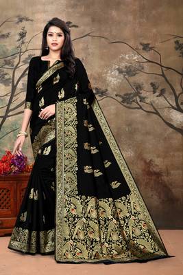 Women'S Black Banarasi Art Silk Jacquard Saree 1