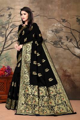 Women'S Black Banarasi Art Silk Jacquard Saree 2