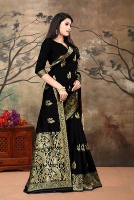 Women'S Black Banarasi Art Silk Jacquard Saree 3