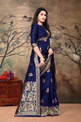 Women'S Navy Banarasi Art Silk Jacquard Saree 3