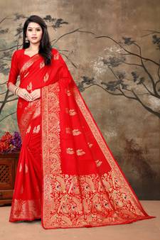Women'S Red Banarasi Art Silk Jacquard Saree