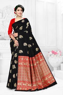 Women'S Black Banarasi Art Silk Jacquard Half & Half Saree 1