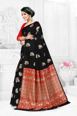 Women'S Black Banarasi Art Silk Jacquard Half & Half Saree 2