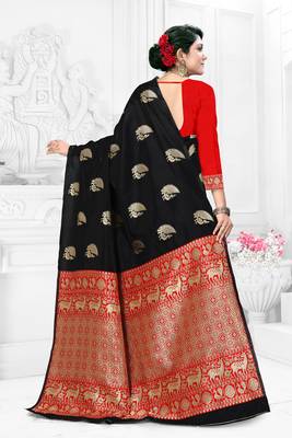 Women'S Black Banarasi Art Silk Jacquard Half & Half Saree 4