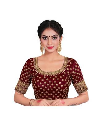 Maroon Color Embroidered Work  Silk Designer Readymade Saree Bosue 1