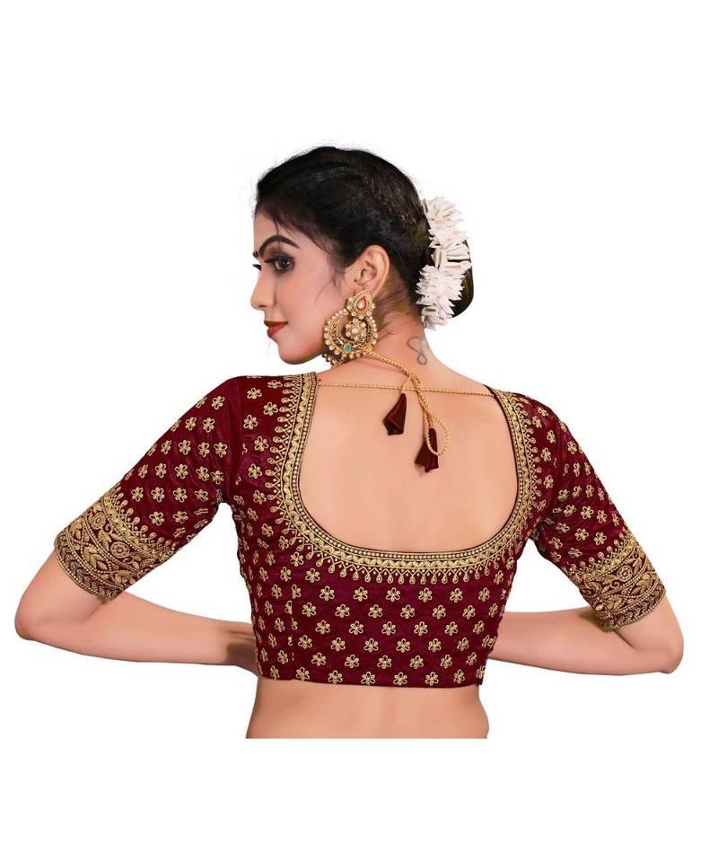 Maroon Color Embroidered Work  Silk Designer Readymade Saree Bosue