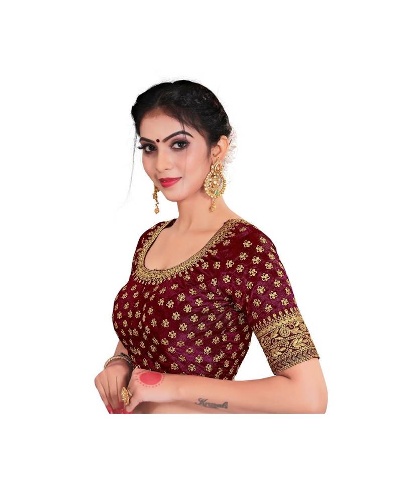 Maroon Color Embroidered Work  Silk Designer Readymade Saree Bosue