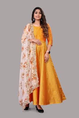 Yellow
 printed
 silk
 ethnic-kurtis
 1
