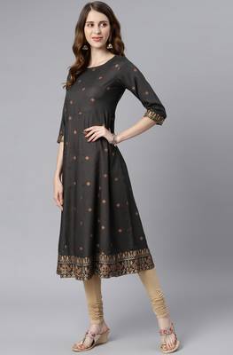 Janasya Charcoal printed viscose rayon long kurtis 2