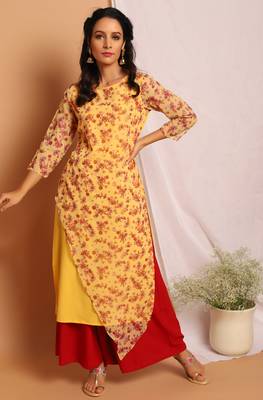Janasya Yellow printed crepe long kurtis 1
