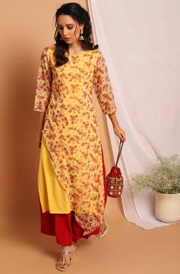 Janasya Yellow printed crepe long kurtis 2