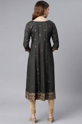Janasya Charcoal printed viscose rayon long kurtis 4