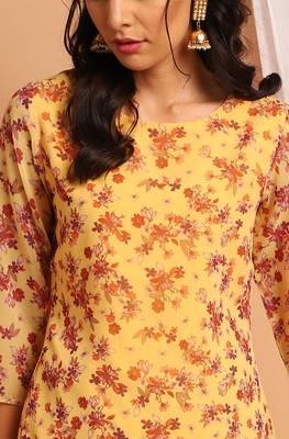 Janasya Yellow printed crepe long kurtis 5
