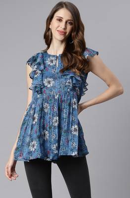 Blue printed georgette sleeveless tops 1