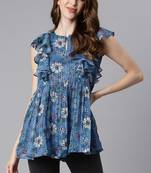 Blue printed georgette sleeveless tops