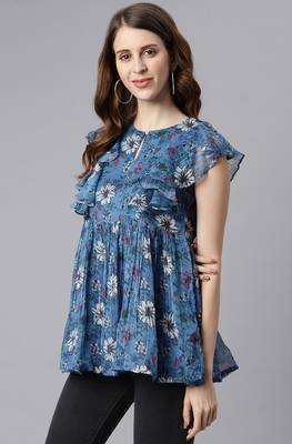 Blue printed georgette sleeveless tops 2