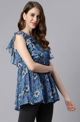 Blue printed georgette sleeveless tops 3