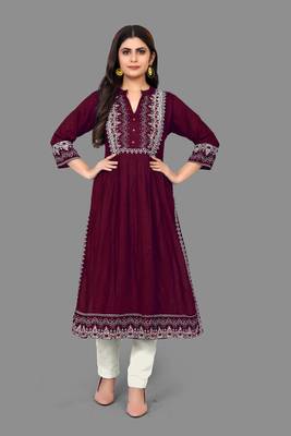 Maroon
 printed
 rayon
 ethnic-kurtis
 1