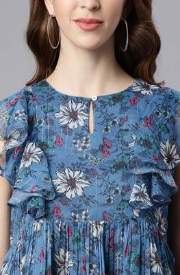 Blue printed georgette sleeveless tops 5