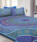 Blue Border Golden Barat In Circle Pattern Super Fine Cotton Double Bedsheet