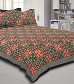 Black Border With Maroon Green And Red Check With Elephant Pattern Golden Print Super Fine  Cotton Double Bedsheet
