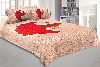 Beige Double Bedsheet with Orange Dancing Peacock 1