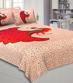 Beige Double Bedsheet with Orange Dancing Peacock