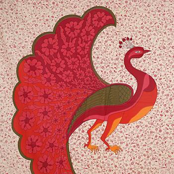 Beige Double Bedsheet with Orange Dancing Peacock 2