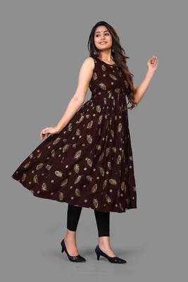 Brown printed
 rayon ethnic-kurtis
 1