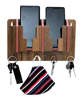 Unique Key Holder With Mobile Charging Watch Wallet Showpiece Storage Self Wooden Handcrafted Home & Office Decoration 1