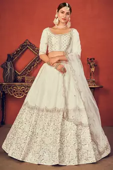 Pearl White Thread with Sequins embroidered art silk semi stitched lehenga