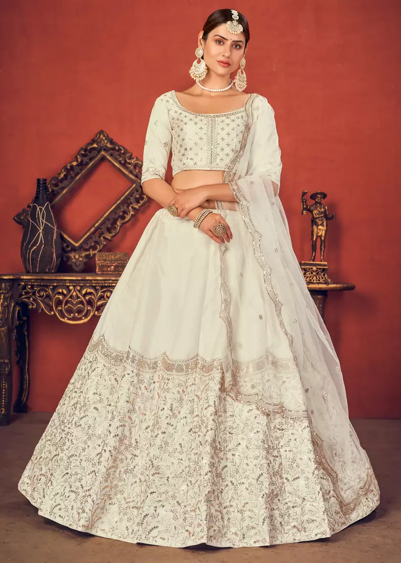 Pearl White Thread with Sequins embroidered art silk semi stitched lehenga