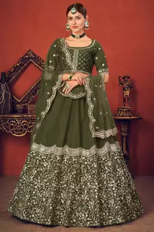Olive Green Thread with Sequins embroidered art silk semi stitched lehenga