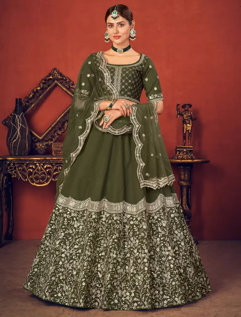 Olive Green Thread with Sequins embroidered art silk semi stitched lehenga