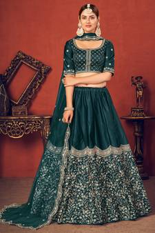 Rama green Thread with Sequins embroidered silk semi stitched lehenga