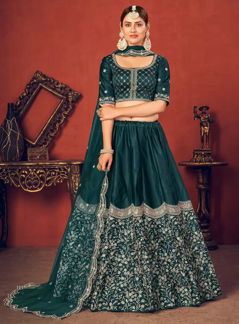 Rama green Thread with Sequins embroidered silk semi stitched lehenga