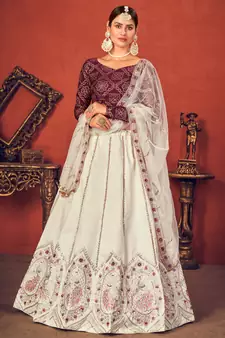 Pearl White Thread with Sequins embroidered art silk semi stitched lehenga