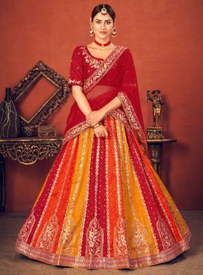 Captivating Red, Orange and Yellow Thread with Sequins embroidered art Silk Lehenga choli 1