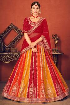 Multicolor Thread with Sequins embroidered art silk semi stitched lehenga